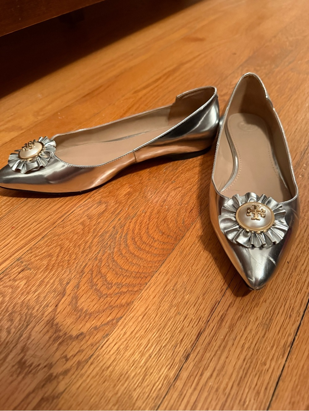 Tory Burch Silver Pointed Toe pearl Floral Medallion Ballet Flat